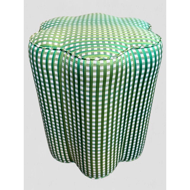 Custom Petal Ottoman Green Plaid Fabric For Sale - Image 4 of 7