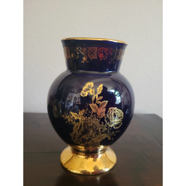 Limoges Cobalt Blue Vase With Gold Leaf Chairish