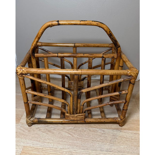 Vintage MCM Burnt Bamboo Magazine Rack Twin Compartment Boho Tiki Accent Stand For Sale - Image 4 of 10