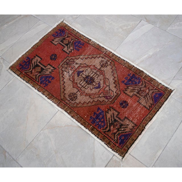 1970s Hand Made Oushak Mat Rug Distressed Small Rug Kitchen Mat - 1'8" X 2'12" For Sale - Image 5 of 8
