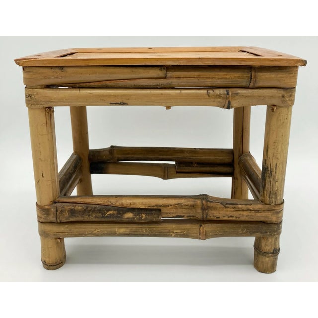 Versatile style! Vintage rectangular split reed bamboo riser or plant stand. Age wear. Sturdy.