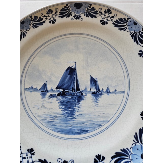 Ceramic Two Classic Delft Plates of Windmills and Sailing Ships Circa 1905 and 1906 For Sale - Image 7 of 9