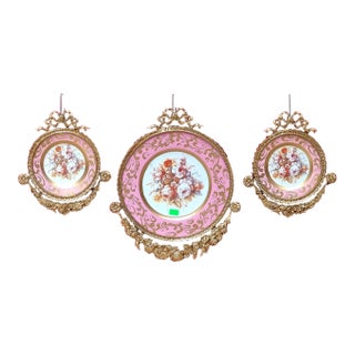 Set of 3 Baroque Ceramic Pink Wall Art Pieces With Ornate Gold Frames & Floral Artwork For Sale