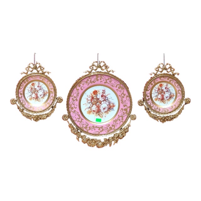 Set of 3 Baroque Ceramic Pink Wall Art Pieces With Ornate Gold Frames & Floral Artwork For Sale