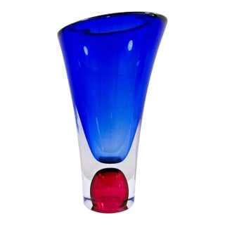 Blue & Red Signed Göran Wärff Zoom Vase by Kosta Boda For Sale
