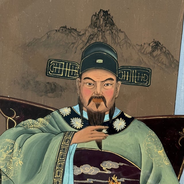 Mid 20th Century Chinese Reverse-Painted Glass Ancestor Portraits in Carved Wood Frames--Pair For Sale - Image 4 of 12