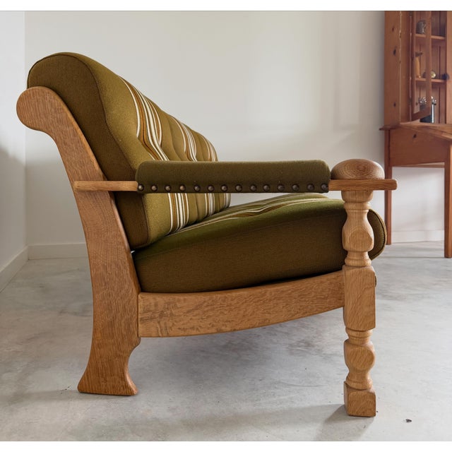Scalloped Carved Turned Danish Oak Henning Kjærnulf Style Sofa Couch Olive Wool For Sale - Image 12 of 16