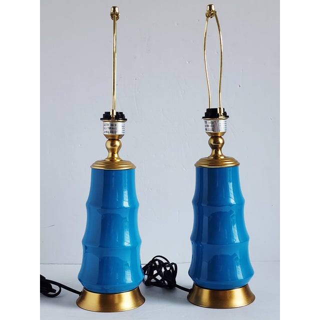 Bamboo Form Gilded Turquoise Porcelain Table Lamps - A Pair For Sale - Image 4 of 12