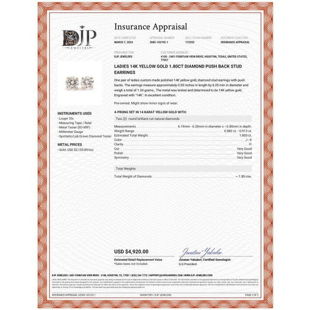 Yellow Ladies 14K Yellow Gold 1.80CT Diamond Push Back Stud Earrings For Sale - Image 8 of 8