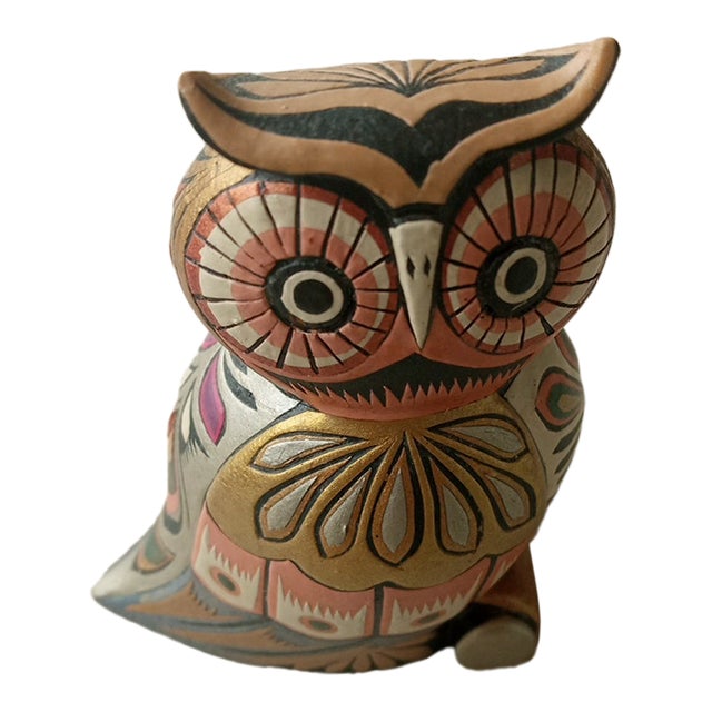 Exquisite Tonala Mexican Folk Art Owl Figurine Gilted With Gold & Copper For Sale