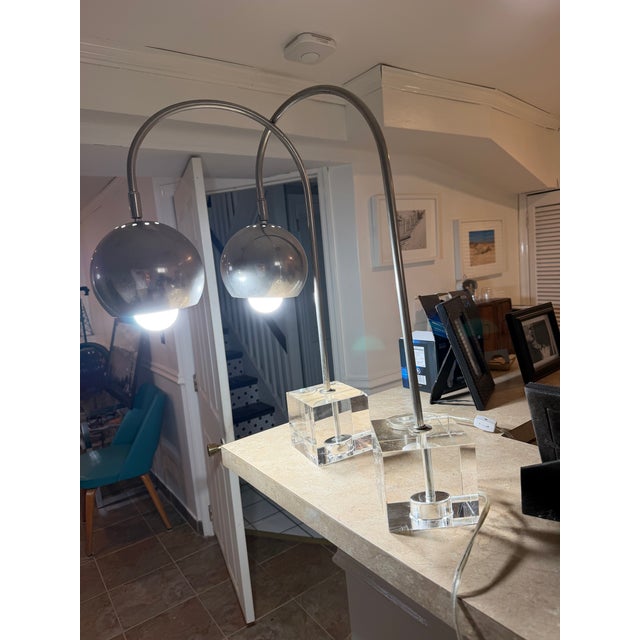 Plastic Mid-Century Modern Chrome Dome Eyeball Lamps With Lucite Base For Sale - Image 7 of 9