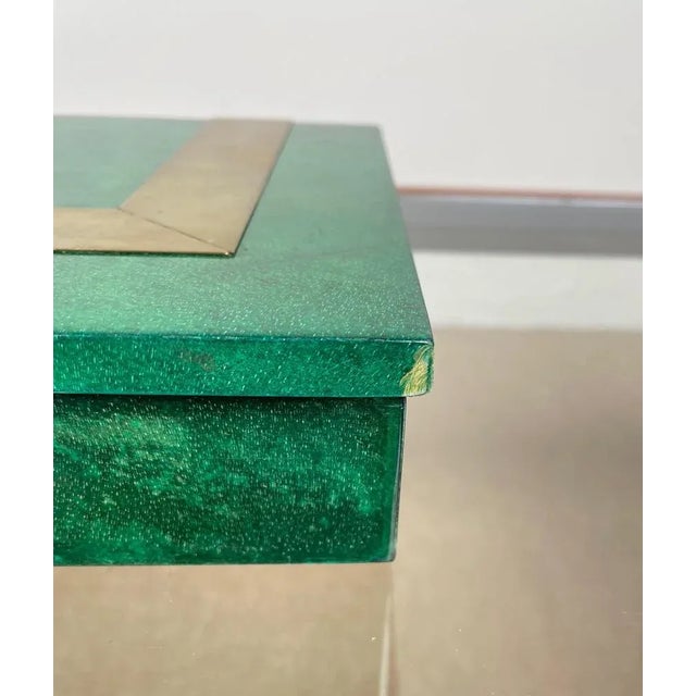 Square Box in Green Goatskin & Brass by Aldo Tura, Italy, 1960s For Sale - Image 11 of 15