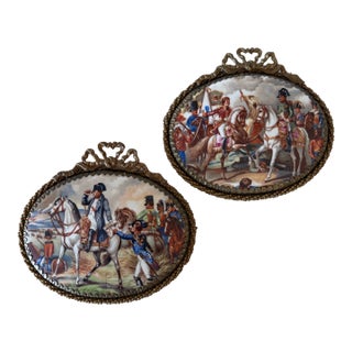 Antique Pair of Oval Porcelain Plaques Depicting Napoleon in Battle For Sale