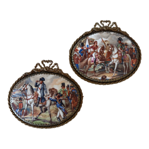 Antique Pair of Oval Porcelain Plaques Depicting Napoleon in Battle