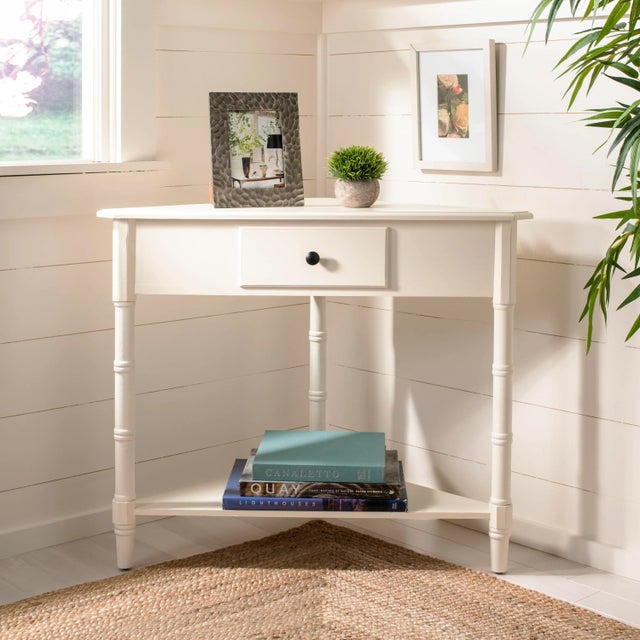 White Corner Table With Storage Drawer, Distressed Cream For Sale - Image 8 of 9