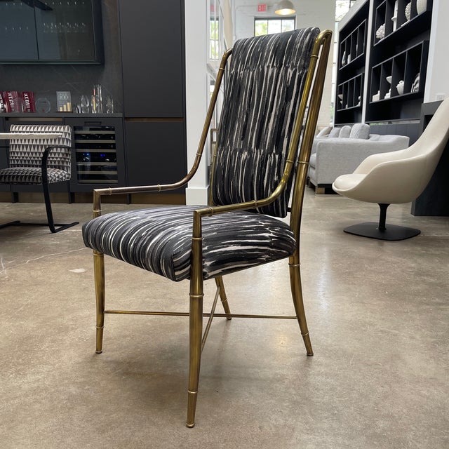 Circa 1970s Mastercraft Brass 'Bamboo' Dining Chairs in Donghia Fabric