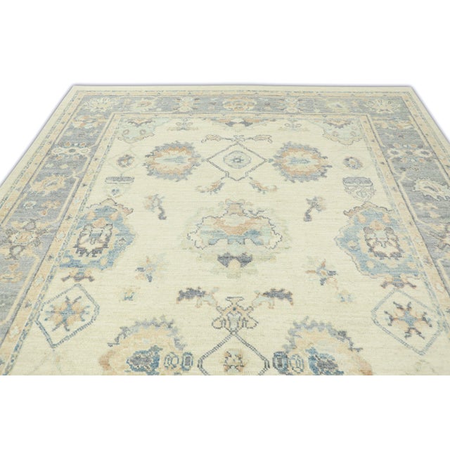 White Color Gray Ivory Field Multicolor Handwoven Turkish Oushak Rug 8'3" X 10' For Sale In Houston - Image 6 of 7