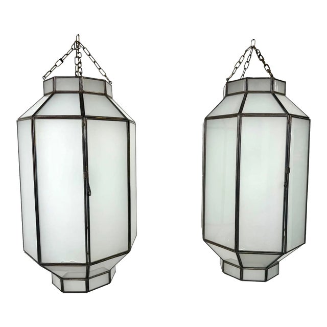 1990s Art Deco Style Frosted White Milk Glass & Bronze Octagonal Pendant - a Pair For Sale