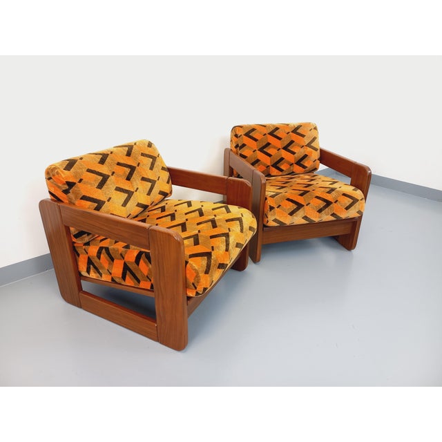 Set of Vintage Sled Chairs in Walnut and Velvet Fabric, 1970s For Sale - Image 11 of 18