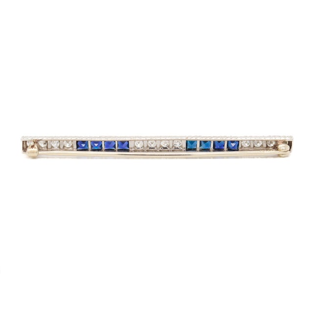 Antique Art Deco j.e. Caldwell Platinum, Diamond, & Sapphire Bar Brooch For Sale - Image 10 of 12