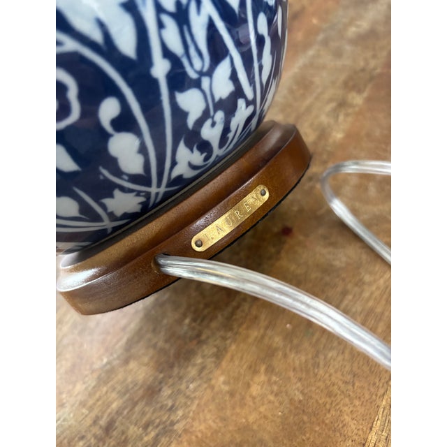 Chinoiserie Contemporary Ralph Lauren Blue and White Cobalt Ikat Ginger Jar Lamps With White Line Shades - a Pair For Sale - Image 3 of 10