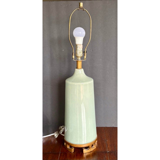 1960s 1960s Mid-Century Modern Celadon Crackle-Glaze Ceramic & Wood Table Lamp For Sale - Image 5 of 15