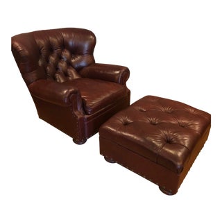 Ralph Lauren Leather Writer’s Chair and Ottoman For Sale