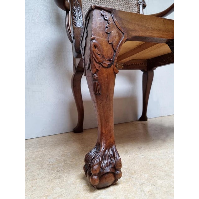 Chippendale Bergere Armchair in Carved Mahogany with Caned Backrest and Lion's Claw and Ball For Sale - Image 10 of 18