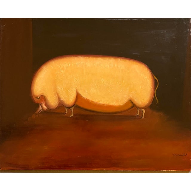 Oil painting on board of a prize hog. Based on, and influenced by 18th century English prize farm animals. Signed Satori...