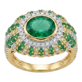Natural 18k Gold Emerald Halo Ring With 0.77ct Diamonds, New Design For Sale