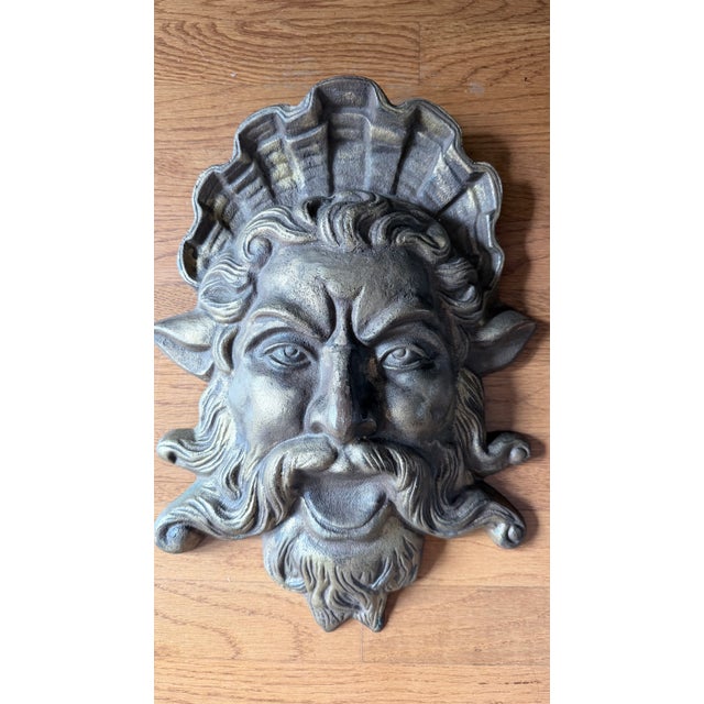 1980s Mythological Gilded Cast Iron Neptune Architectural Wall Plaques - A Pair For Sale - Image 5 of 12