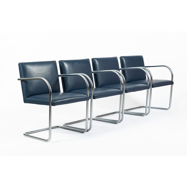 Mid Century Modern Blue Leather Brno Arm Chairs by Mies Van Der Rohe for Knoll, Set of 4 For Sale In Detroit - Image 6 of 16