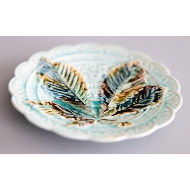 Farmhouse 19th Century Swedish Rörstrand Majolica Turquoise Chestnut Leaf Plate For Sale - Image 3 of 7