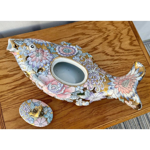 Gold Vintage Hand Painted Porcelain Covered Carp-Form Tureen For Sale - Image 8 of 13