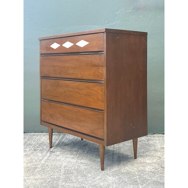 Bassett Furniture Vintage MCM Bassett Interchangeable Diamond Tall Chest of Drawers For Sale - Image 4 of 12
