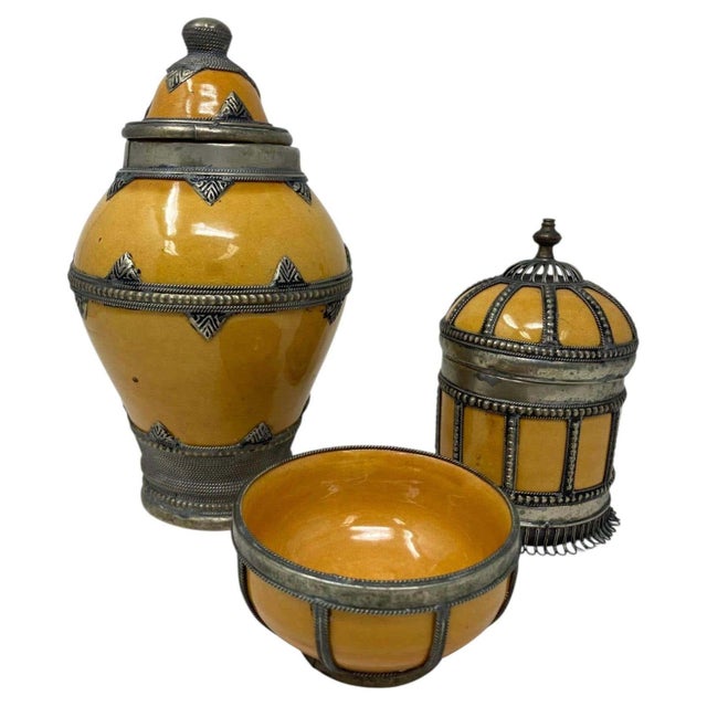 Beautiful vintage Moroccan Yellow Ceramic Jars and bowl with Silver Filigree overlay set of 3. The set of Moroccan...