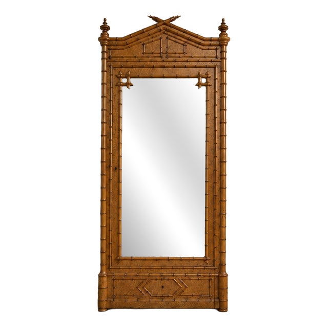 French Birds Eye Maple Faux Bamboo Mirrored Armoire, 1900 For Sale