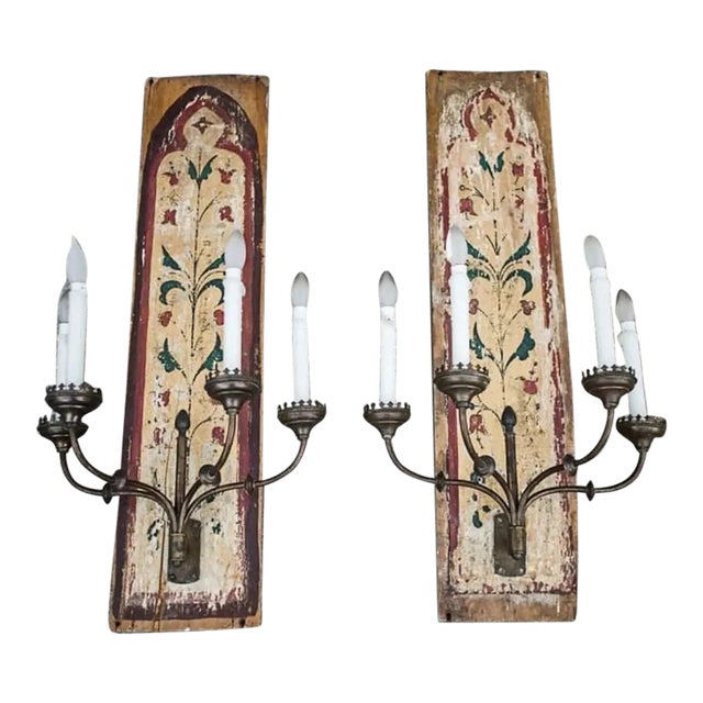 Pair of Dramatic and Unusual Belle Epoque Painted Panel Wall Sconces. Unique Panel Details Add Rustic Elegance and Charm. . Rustic Elegance and Charm. For Sale