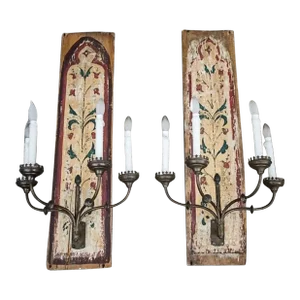 Pair of Dramatic and Unusual Belle Epoque Painted Panel Wall Sconces. Unique Panel Details Add Rustic Elegance and Charm. . Rustic Elegance and Charm.