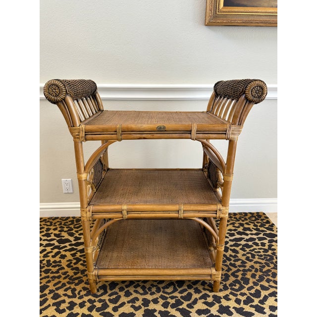 Ficks Reed Vintage Rattan, Wicker & Cane Etagere Shelf With Leather Bindings For Sale - Image 4 of 17