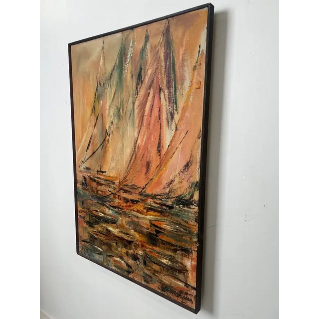 Peach Alice Marcus " Seascape With Sailboats" Oil on Canvas Painting, Framed 1950's For Sale - Image 8 of 14