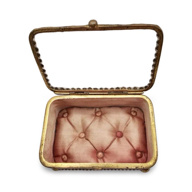 Antique French Ormolu Glass Jewelry Box With Original Tufted Coral Silk Interior For Sale - Image 9 of 9
