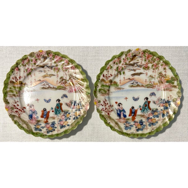1920’s Antique Japanese Chinoiserie Hand Painted Traditional Geisha Girl & Pagoda Plates & Small Bowls - A 17 Piece Set For Sale - Image 9 of 11