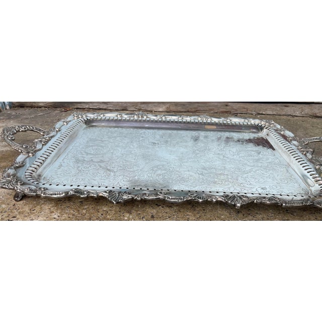 Mid 20th Century Birmingham Large Footed Silver Plate Serving Tray Etched Reticulated Raised Edge For Sale - Image 4 of 12