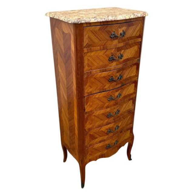 French Marquetry Chest of Drawers with Marble Top, 1940s For Sale - Image 9 of 9
