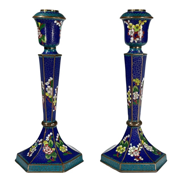 Vintage Cloisonne Enamel Floral Chinoiserie Candlesticks - A Pair For Sale