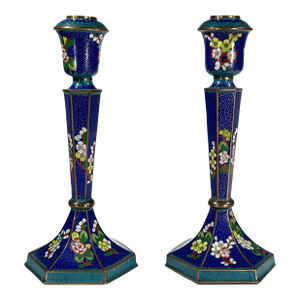 Vintage Cloisonne Enamel Floral Chinoiserie Candlesticks - A Pair