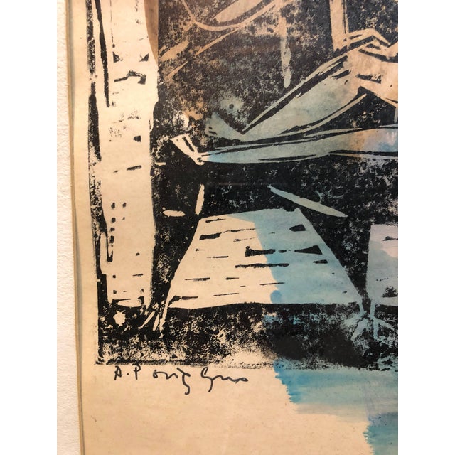 Stefan AlexanderAbstract with Figures Israeli Mid Century Modernist Woodcut Watercolor Painting For Sale - Image 4 of 5