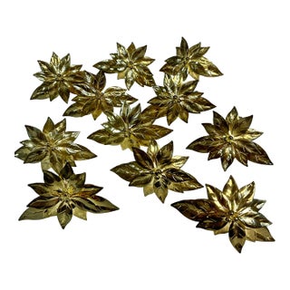 1970s Vintage Americana Traditional Brass Poinsettia Napkin Rings - Set of 11, Christmas For Sale