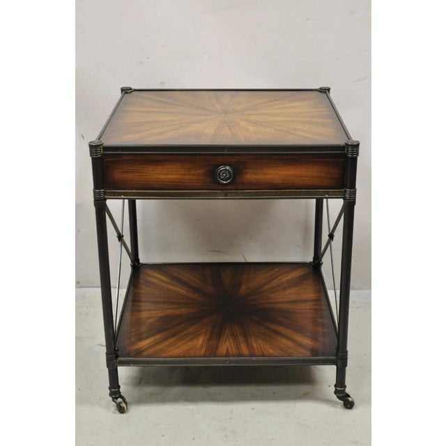 Industrial Style Iron and Wood X-Frame One Drawer Square Modern Side End Table. Item features burnished metal x-form...